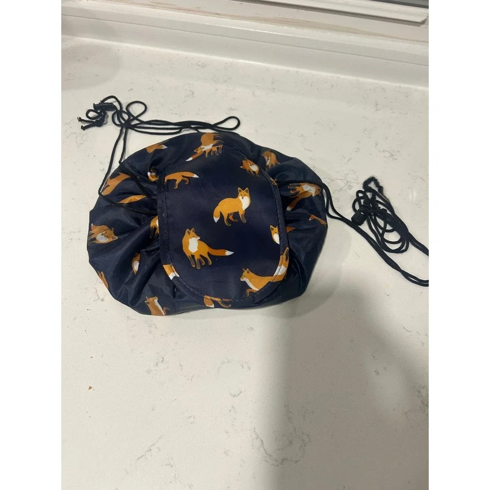 Drawstring Makeup Bag Navy Blue Fox Large Capacity Travel Cosmetic Organizer